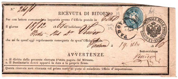 LOMBARDO VENETO - Ricevuta di ritorno da ... 