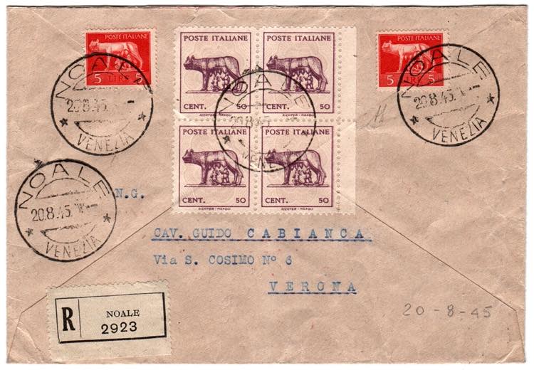 LUOGOTENENZA - Raccomandata da Noale 20.8.45 ... 