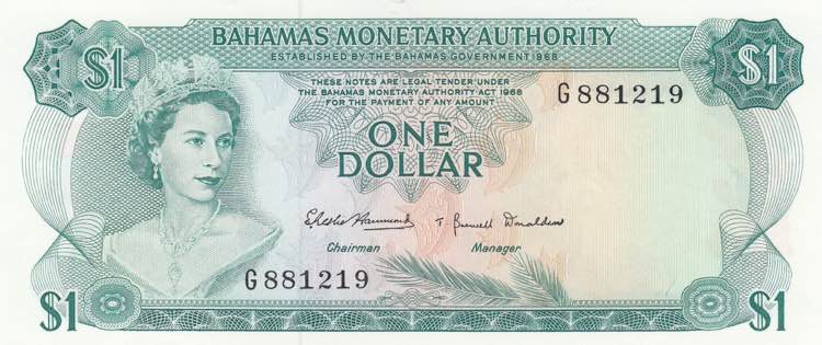 Bahamas 1 dollar 1968
Pick# 27. UNC