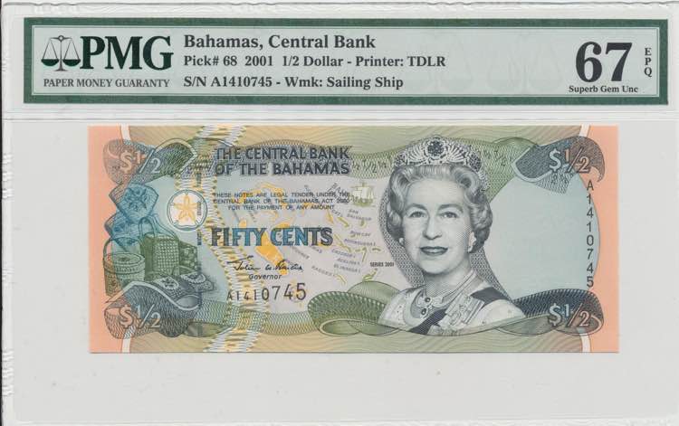 Bahamas 1/2 dollars 2001 - PMG 67 ... 