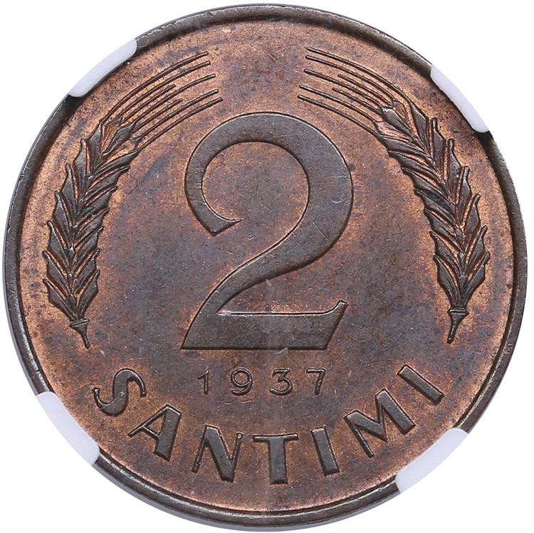 Latvia 2 santimi 1937 - NGC MS 65 ... 