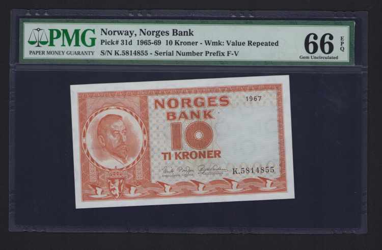 Norway 10 Kroner 1967 - PMG 66 EPQ ... 