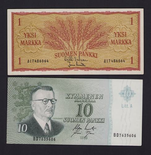 Finland 1 markka & 10 markkaa 1963 ... 