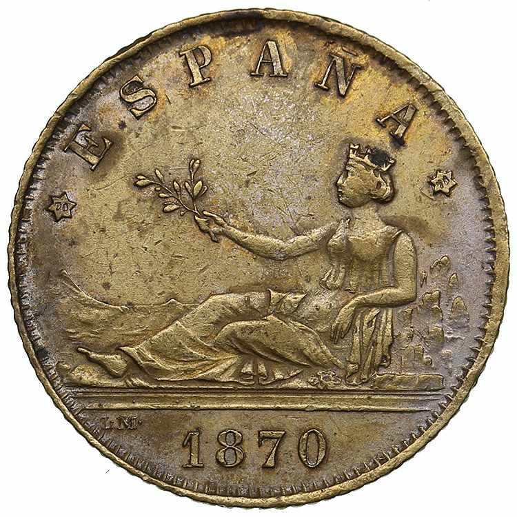 Spain 1 peseta 1870 4.61g. VF/VF