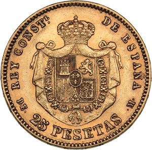 Spain 25 pesetas 1877
6.43 g. XF/XF Gold.