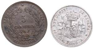Spain 1 peseta 1885 and France 5 centimes ... 