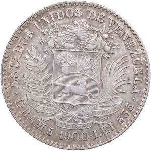 Venezuela 1 Bolivares 1900
4.97 g. XF/XF Y# ... 