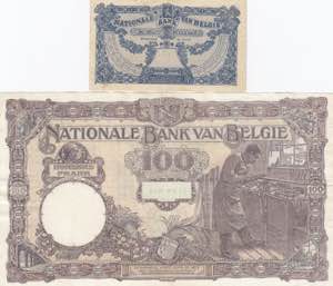 Belgium 1 frank 1920 & 100 francs 1921
VF ... 