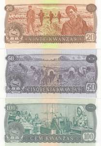 Angola 20,50,100 kwanzas 1976
Pick# 109-111. ... 