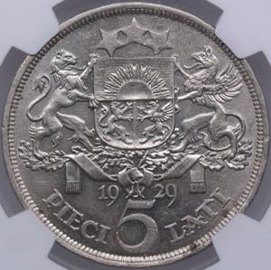Latvia 5 lati 1929 - NGC MS 61
Mint luster. ... 