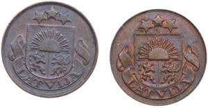 Latvia 1 santims 1922, 1935 (2)AU-UNC. Sold ... 