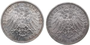Germany, Prussia 3 mark 1909, 1910 (2)VF-AU.