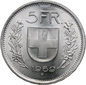 Swizerland 5 francs 1969 B15.00g. UNC/UNC