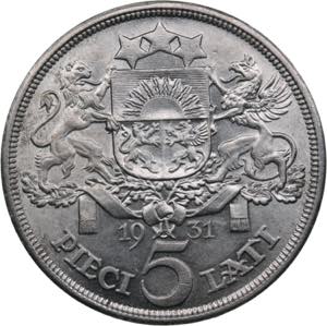 Latvia 5 lati 193125.05g. AU/AU Mint luster. ... 