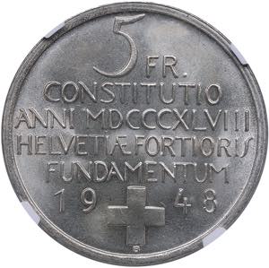 Switzerland 5 francs 1948 B - NGC MS 65An ... 