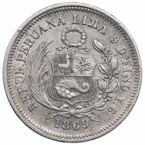 Peru 1/5 Sol 1869 4.99g. VF/XF Mint luster.