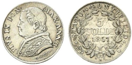 Pio IX. 5 soldi 1867 XXII Ag.1,25g ... 