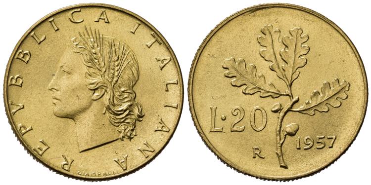 REPUBBLICA ITALIANA. 20 lire 1957 ... 