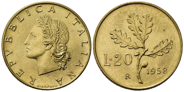 REPUBBLICA ITALIANA. 20 lire 1958 ... 