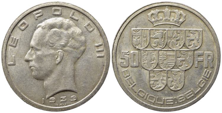 BELGIO. 50 Francs 1939. Ag. SPL
