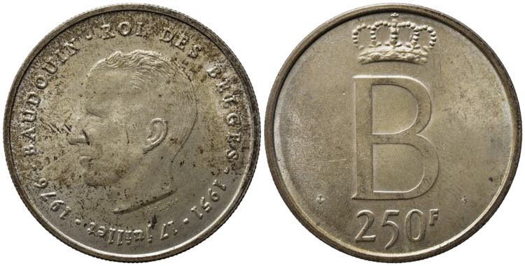 BELGIO. 250 Francs 1976. Ag. qFDC