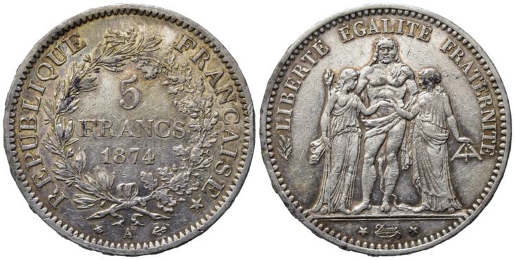 FRANCIA. 5 Francs 1874 A. Ag. SPL+
