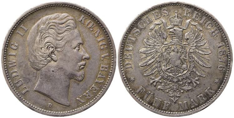 GERMANIA. Ludwig II. 5 Mark 1876. ... 