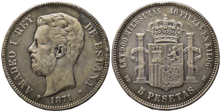 SPAGNA. Amedeo I. 5 pesetas 1871. ... 