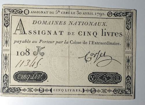 Francia. Assignat 5 Livres 1792.