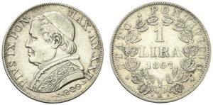 Pio IX. 1 lira 1867 XXII Roma. Ag.5g BB