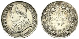 Pio IX. 10 soldi 1867 XXII. Ag 2,5g BB+