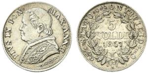 Pio IX. 5 soldi 1867 XXII Ag.1,25g BB
