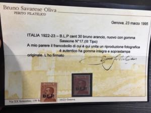 Italia 1922-23. B.L.P cent 30 bruno arancio, ... 