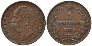 Umberto I (1878-1900). 5 centesimi 1896 ... 