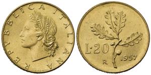 REPUBBLICA ITALIANA. 20 lire 1957 Quercia. ... 