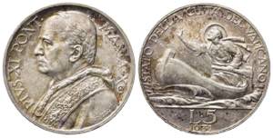 VATICANO. Pio XI (1929-1938) 5 lire 1931/X ... 