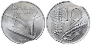 REPUBBLICA ITALIANA. 10 Lire 1955 Spiga. ... 