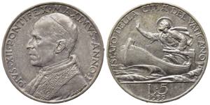 VATICANO. Pio XII (1939-1958). 5 lire 1939. ... 