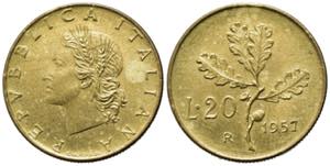 REPUBBLICA ITALIANA. 20 lire 1957 gambo ... 
