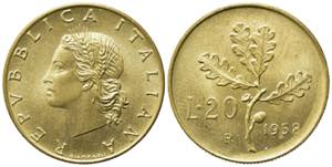 REPUBBLICA ITALIANA. 20 lire 1958 Quercia. ... 