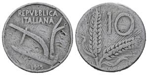 Repubblica Italiana. 10 lire 1955 Spiga. ... 