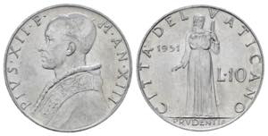 Vaticano. Pio XII (1939-1958). 10 lire 1951. ... 