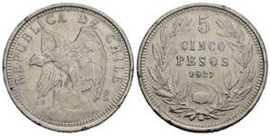 CILE. 5 Pesos 1927. Ag (25 g). Colpetti al ... 