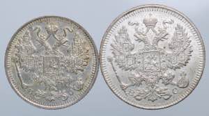 RUSSIA. Lotto di 2 monete in argento (15 e ... 