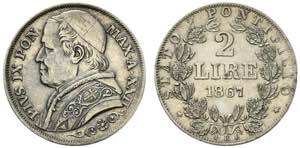 ROMA. Pio IX (1846-1878). 2 lire 1867 anno ... 
