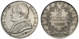 ROMA. Pio IX (1846-1878) 2 lire 1866/ XXI. ... 