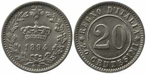 UMBERTO I (1878-1900). 20 centesimi 1894 KB. ... 