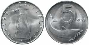 REPUBBLICA ITALIANA. 5 lire 1969 Delfino ... 