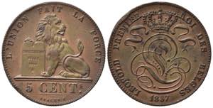 BELGIO. Leopoldo I. 5 centimes 1857. ... 