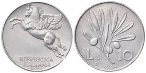 REPUBBLICA ITALIANA. 10 lire 1948 Ulivo. ... 